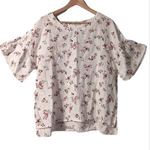 Bella Umbra Linen Made In Italy Floral Ruffle Short Sleeve Oversized Knit Top